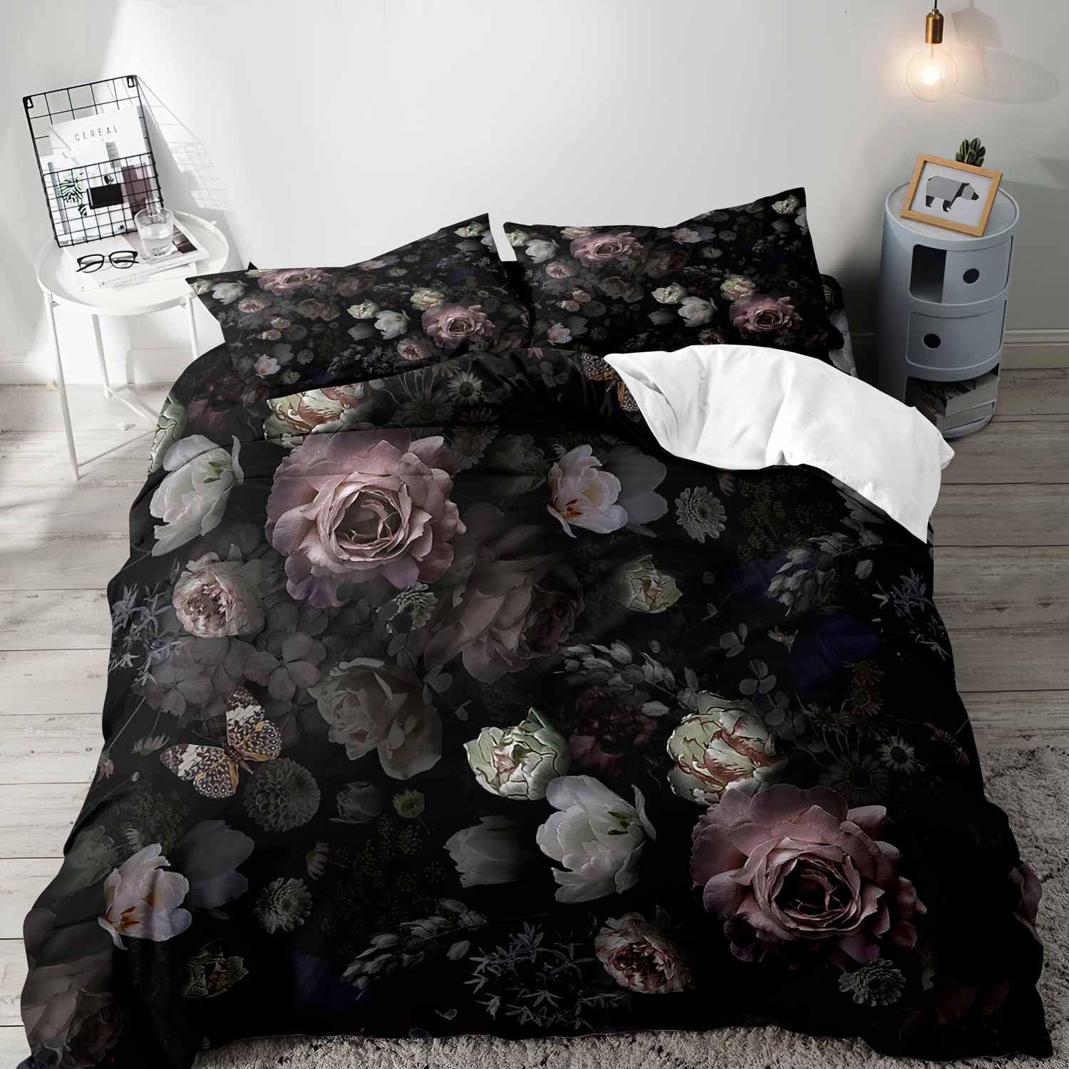 Aesthetic Floral Duvet Cover - Siyah Çiçek Nevresim Kraliçe Yatak Seti,