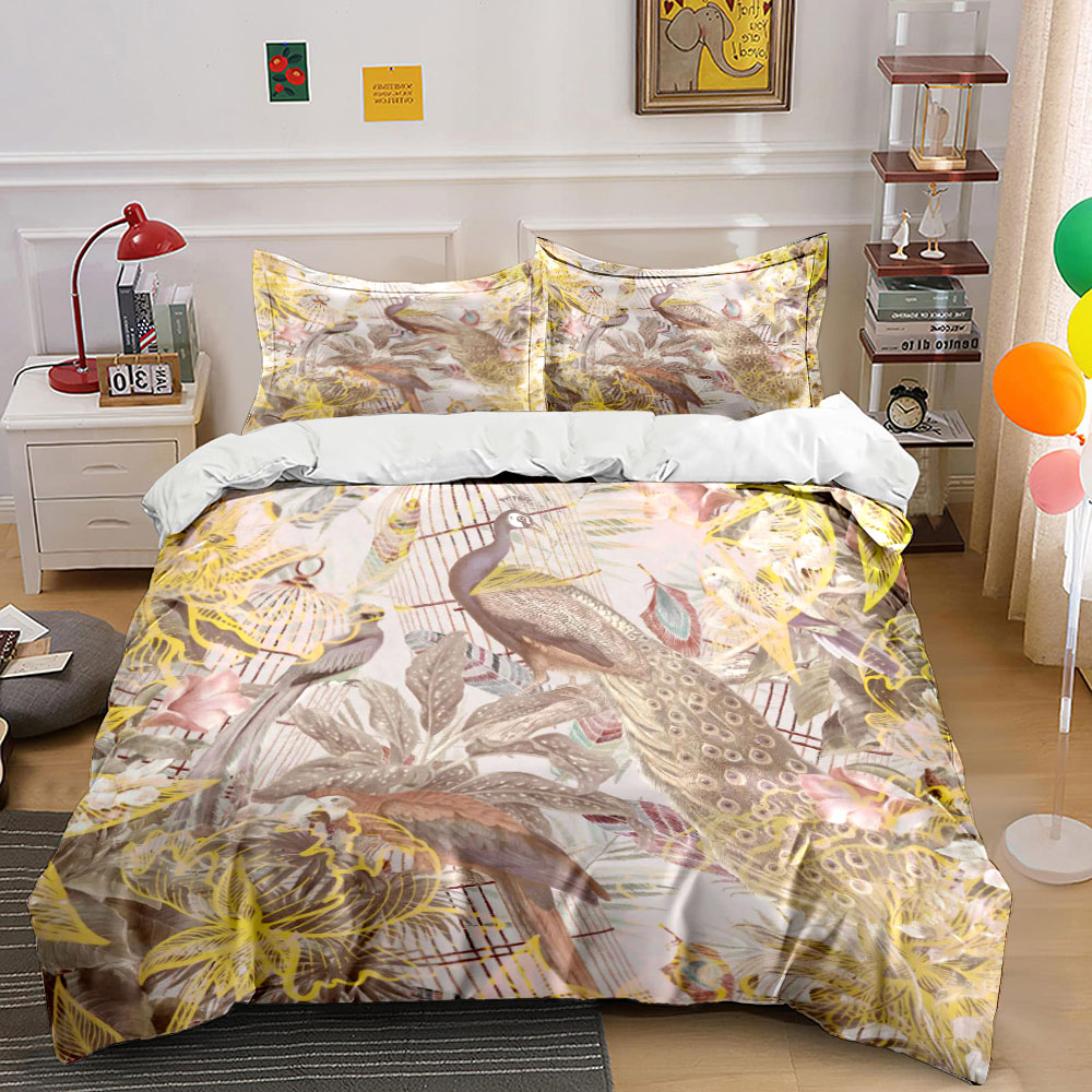Aesthetic Floral Duvet Cover - Vintage tavus kuşu kuş kafesi yatak