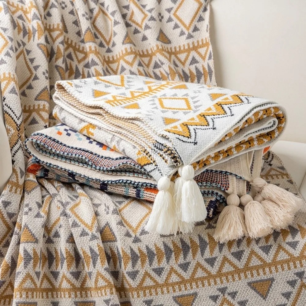 Boho Throw Blanket Fringe - Vintage Kalın Örgü Boho Battaniyeler Yumuşak