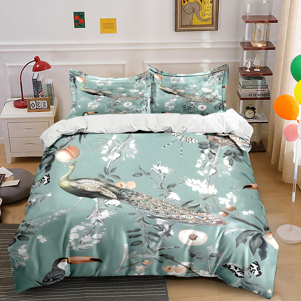 Aesthetic Floral Duvet Cover - 3PC Tavus Kuşu Tukan Çiçekli Nevresim