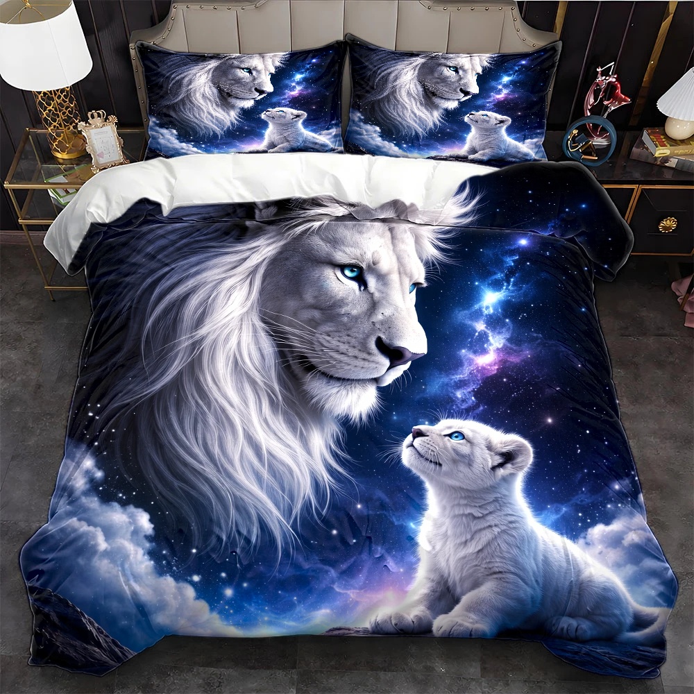 Duvet Cover Sets With Zipper - 3 Parça Yıldızlı Gökyüzü Aslanı Ebeveyn-Çocuk