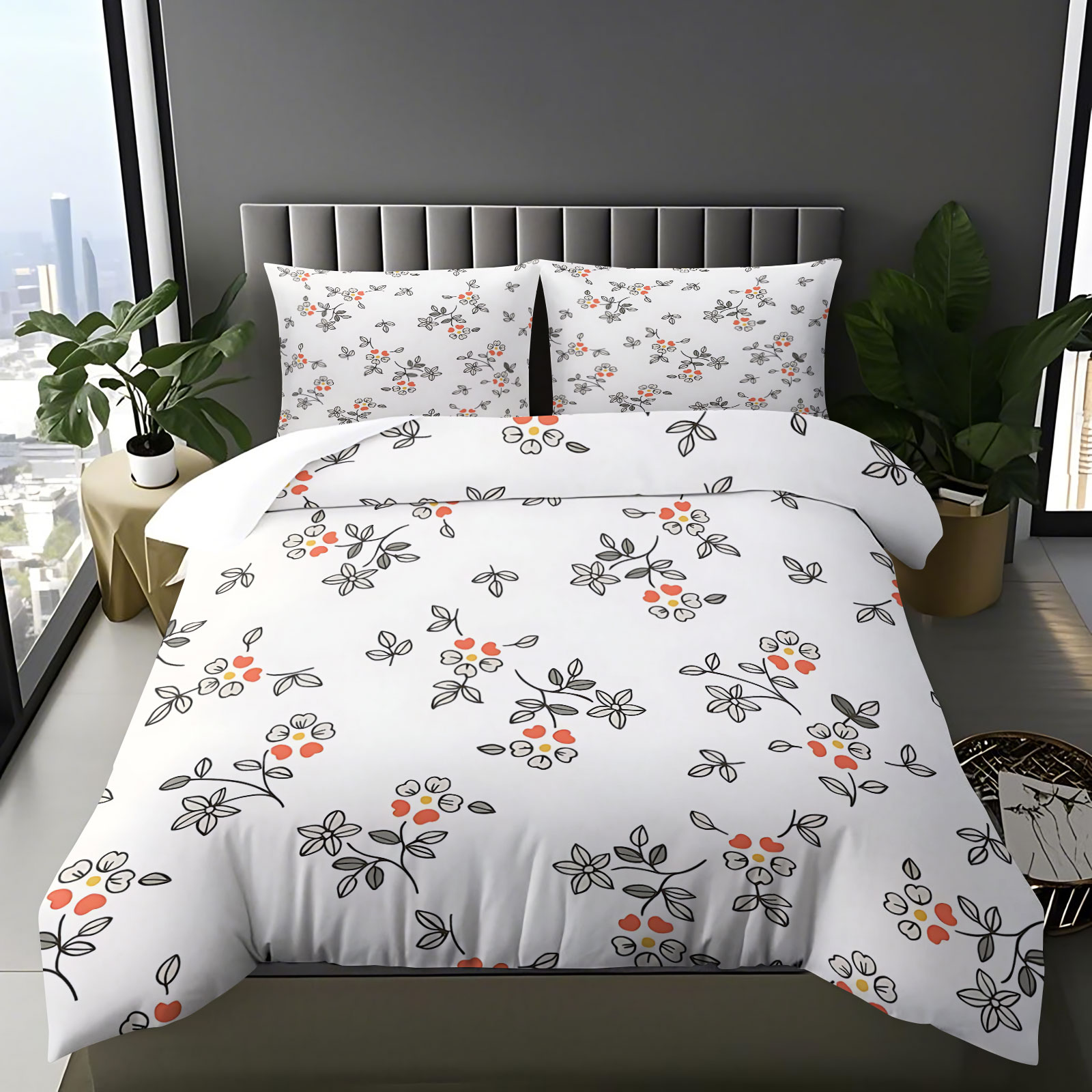 Aesthetic Floral Duvet Cover - Minimal Elle Çizilmiş İnce Çizgili Turuncu