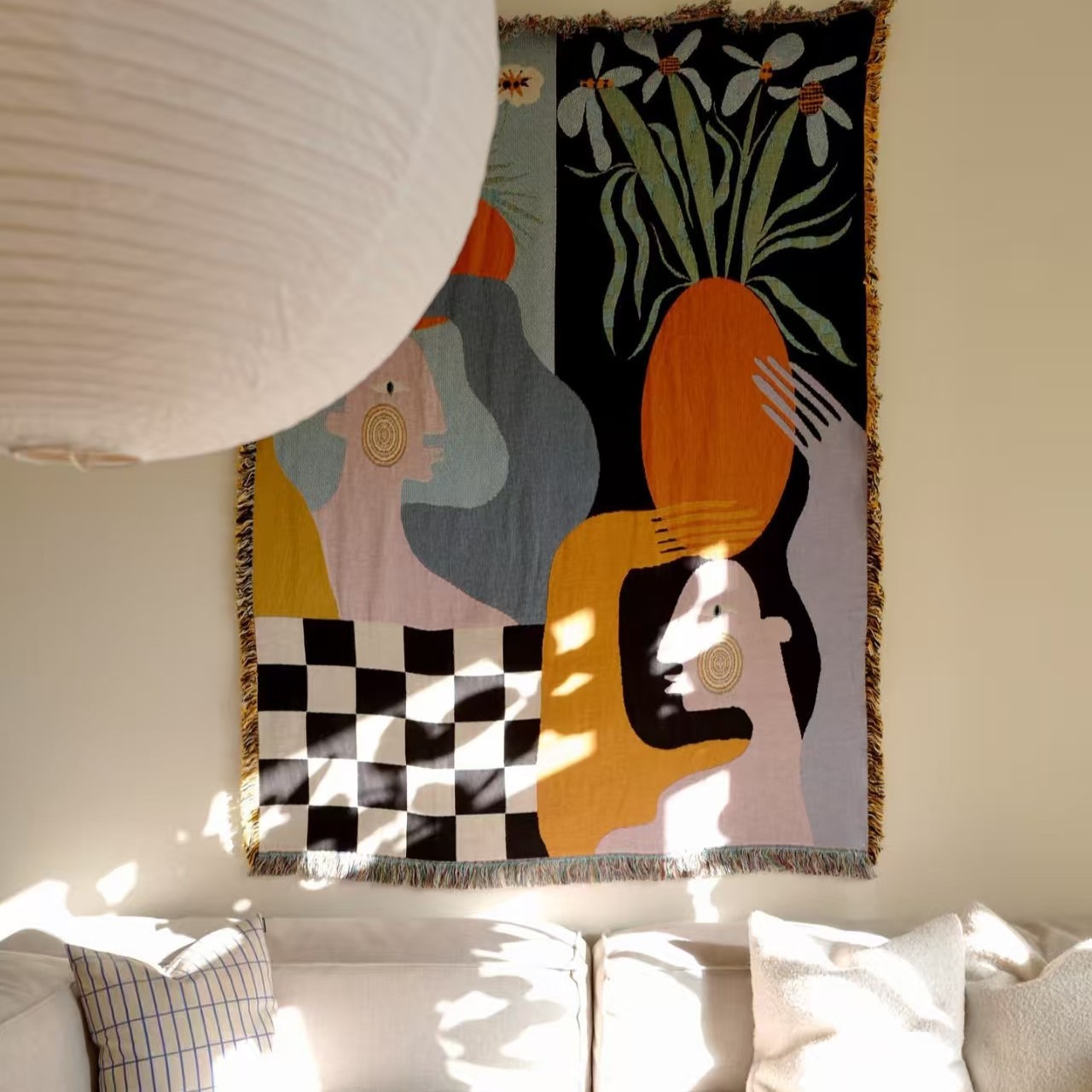 Boho Throw Blanket Fringe - Modern Soyut Sanat Gobleni Boho Dokuma