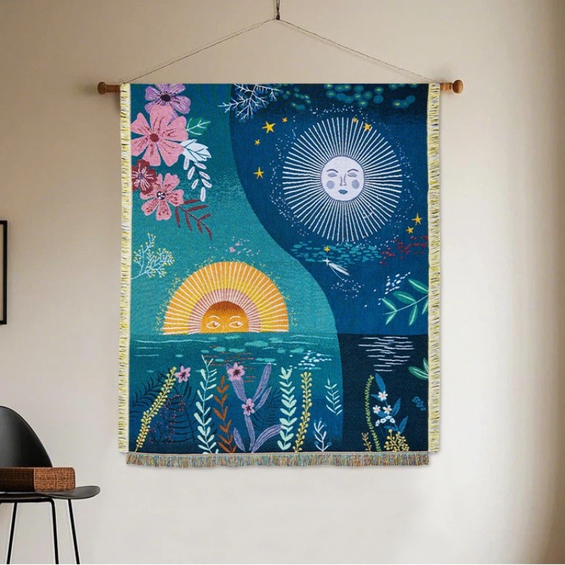Boho Throw Blanket Fringe - Göksel Güneş Ay Dokuma Goblen Boho