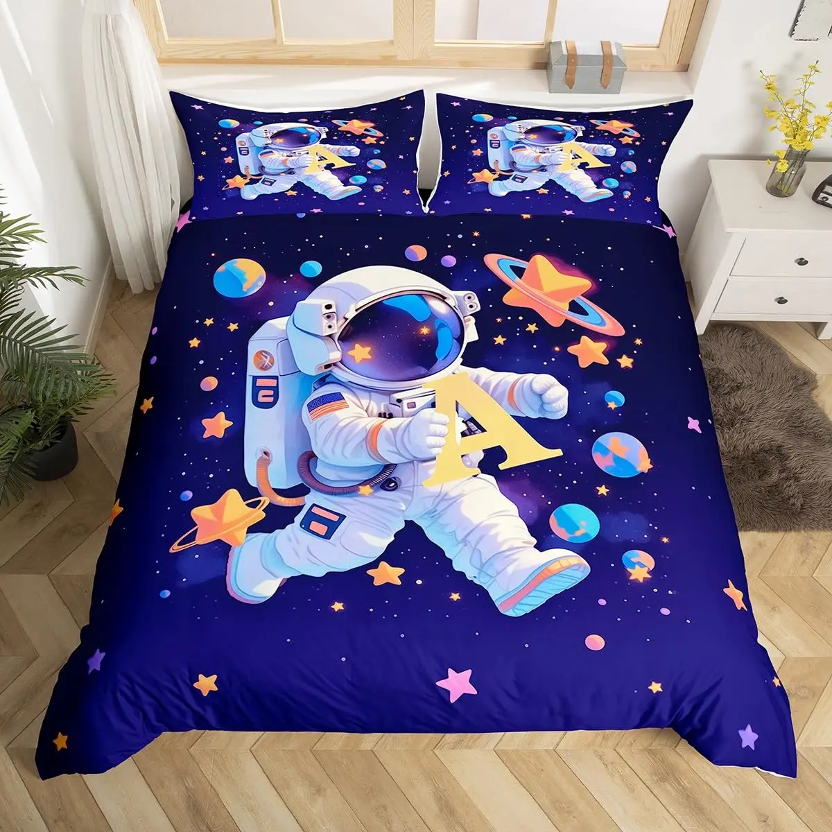Duvet Cover Sets With Zipper - Astronot Nevresim Takımı Karikatür Uzay Astronot
