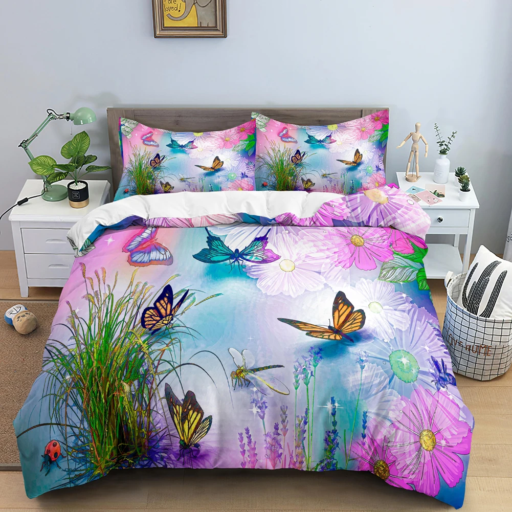 Duvet Cover Sets With Zipper - Kelebek nevresim takımı 3D çiçek nevresim