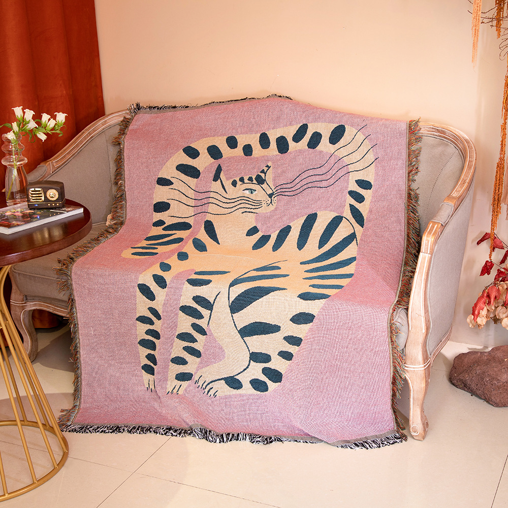 Boho Throw Blanket Fringe - Boho Soyut Kedi Jakarlı Örtü Battaniyesi