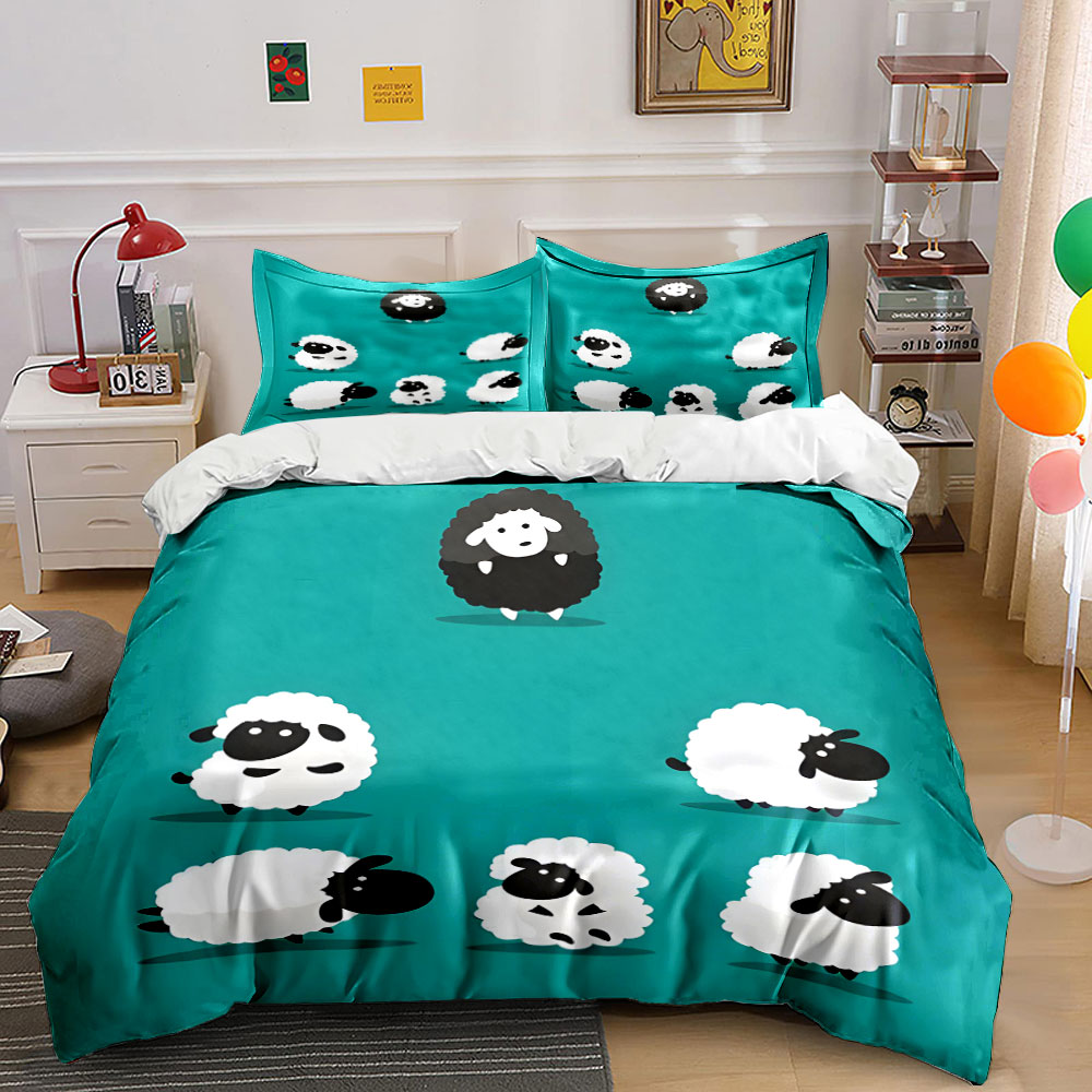 Duvet Cover Sets With Zipper - Karikatür koyun ve siyah bir adet