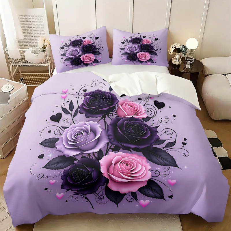 Aesthetic Floral Duvet Cover - Mor Siyah Pembe Gül Kalp Nevresim