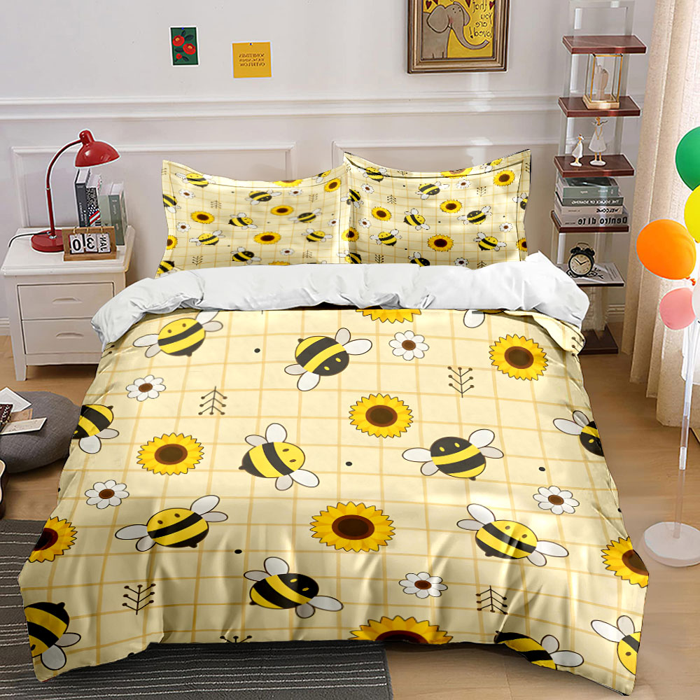 Duvet Cover Sets With Zipper - Sevimli arılar ve ayçiçekleri Desenli Nevresim