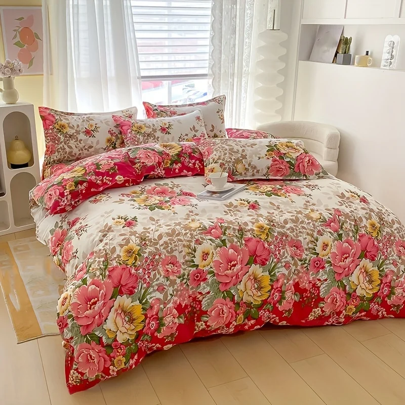 Duvet Cover Sets With Zipper - Çiçekli Fermuarlı Nevresim Takımı - 3'lü