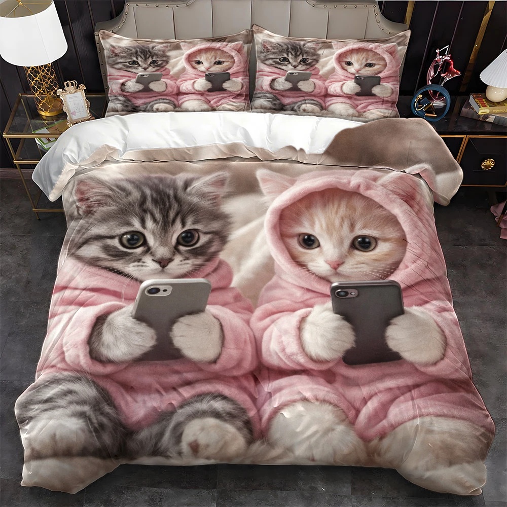 3 Parça Sevimli Kedi Telefonla - Duvet Cover Sets With Zipper incelemesi ve fiyatı